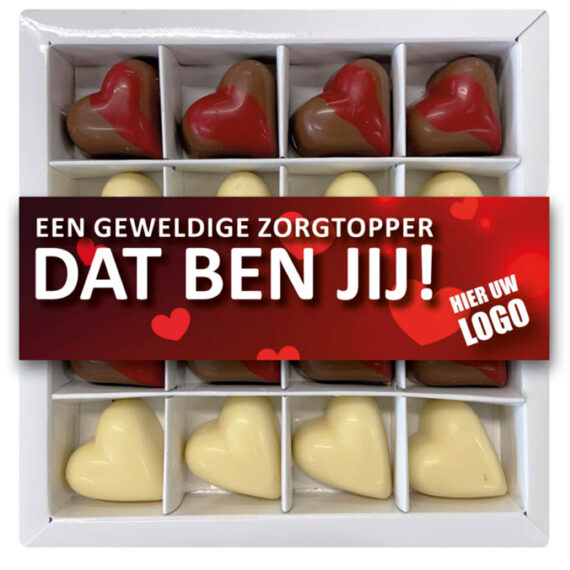 Geschenkdoosje met 16 chocolade hartjes